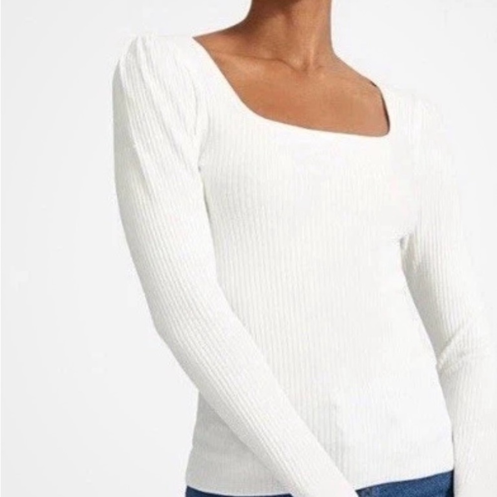 Everlane The Square Neck Top Womens White Ribbed XS Puff Sleeve Top EUC
